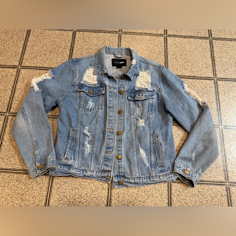 Fashion Nova Light Blue Distressed Jean Jacket